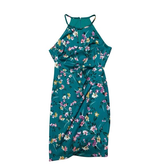 Guess Floral Halter Bodycon Dress Tulip Hem Green Size 10 - Picture 2 of 5